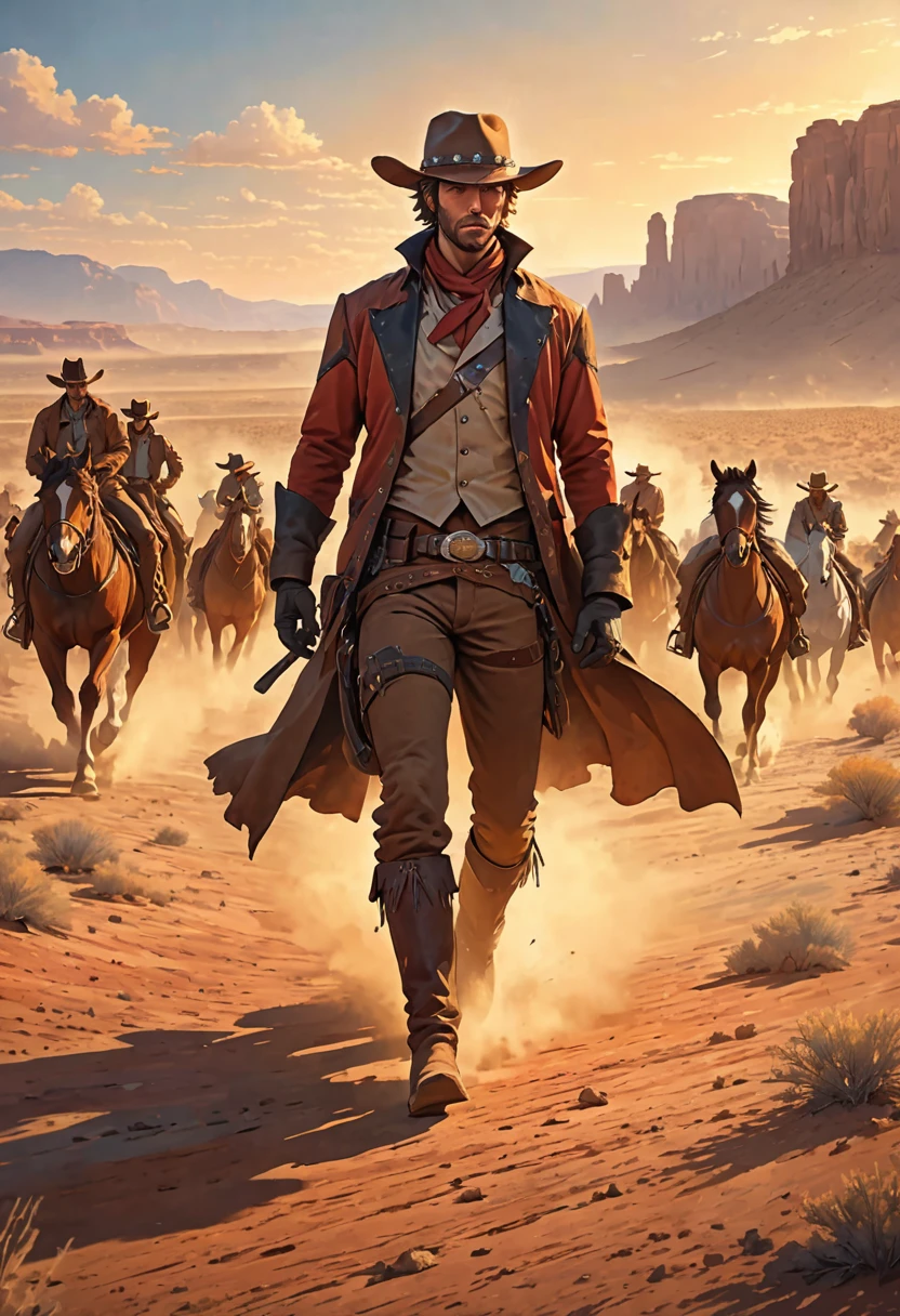 top quality, best quality, High-quality illustrations, masterpiece, super high resolution, detailed background, The desolate and rugged desert landscape at sunset, with the sky turning shades of red and the dry earth stretching into the distance, Cowboys racing across the prairie, stirring up dust as the sound of horse hooves echoes through the air, A lone sheriff standing at the entrance of a saloon, with a wooden sign swaying gently behind him, A gunslinger suddenly emerging from the shadows, his sharp gaze and the silence creating a tense atmosphere, 6+boys, 6+girls, absurdres(highly detailed beautiful face and eyes)perfect anatomy, expression, good lighting, cinematic shadow(kemono, furry anthro)assorted poses, dynamic angle,