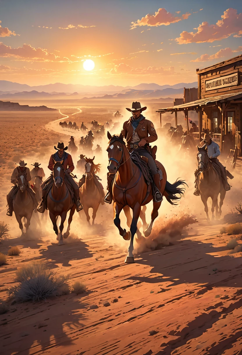 top quality, best quality, High-quality illustrations, masterpiece, super high resolution, detailed background, The desolate and rugged desert landscape at sunset, with the sky turning shades of red and the dry earth stretching into the distance, Cowboys racing across the prairie, stirring up dust as the sound of horse hooves echoes through the air, A lone sheriff standing at the entrance of a saloon, with a wooden sign swaying gently behind him, A gunslinger suddenly emerging from the shadows, his sharp gaze and the silence creating a tense atmosphere, 6+boys, 6+girls, absurdres(highly detailed beautiful face and eyes)perfect anatomy, expression, good lighting, cinematic shadow(kemono, furry anthro)assorted poses, dynamic angle,