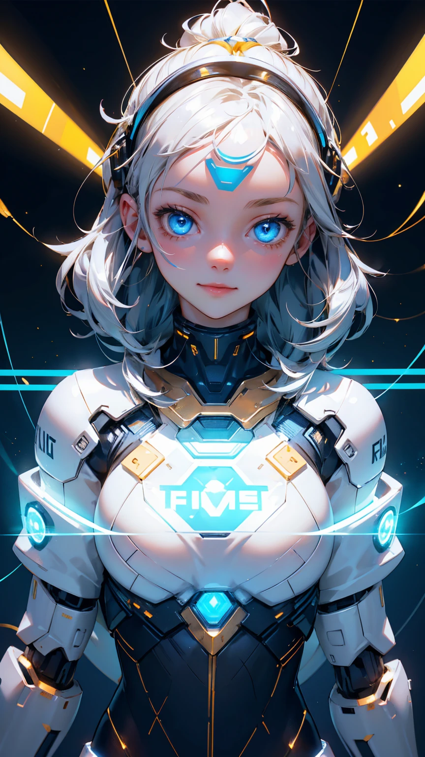 Cute robot girl, cute happy face, with a gold and silver color scheme, blue eyes with text "Easy" on the forehead in white letters, "KYC" ON chest with white letters, holding an electric cable with lights and futuristic elements around it, a golden lights  background