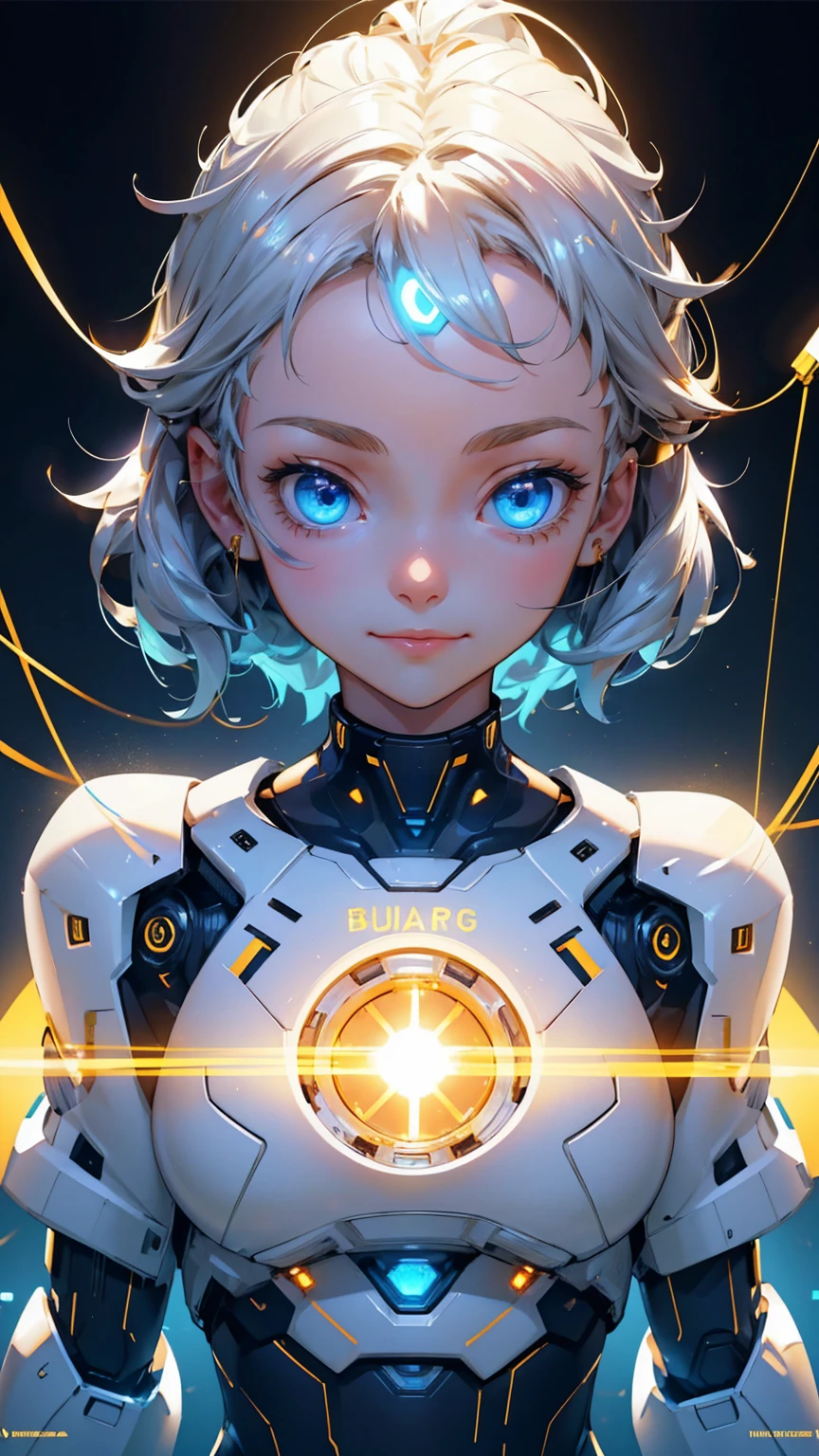 Cute robot girl, cute happy face, with a gold and silver color scheme, blue eyes with text "Easy" on the forehead in white letters, "KYC" ON chest with white letters, holding an electric cable with lights and futuristic elements around it, a golden lights  background