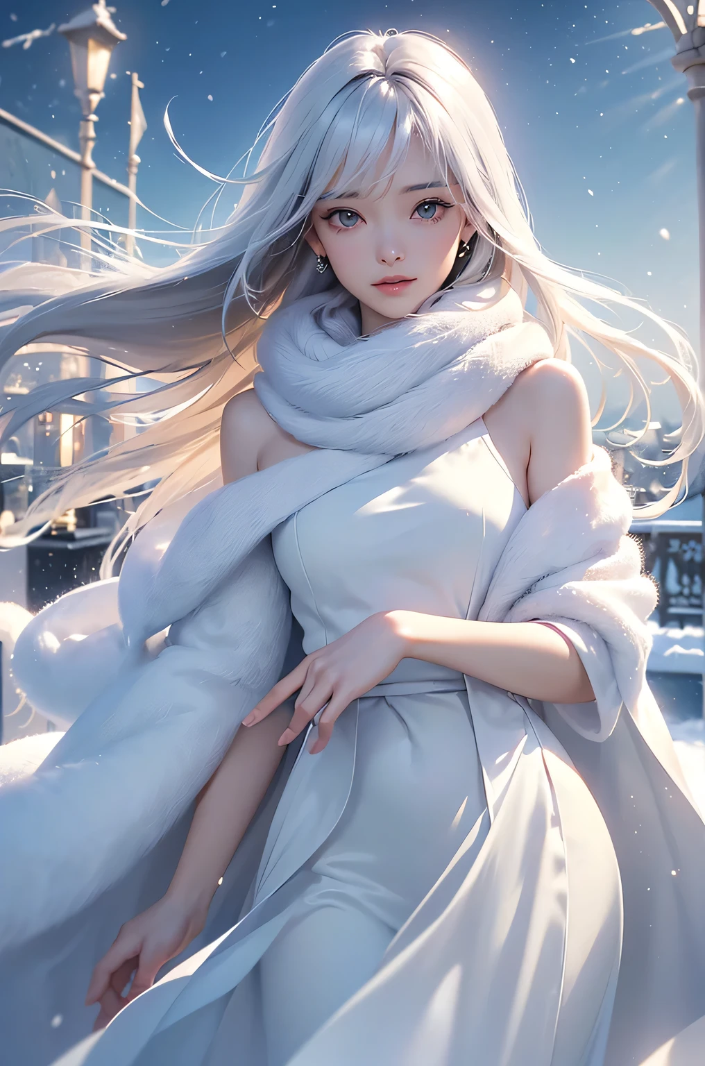 ((masterpiece:1.5、8k、Portraiture、Photorealistic and very detailed CG、Very detailed、Particle Effects、Dynamic Effects、Shallow depth of field、Cinematic Light、Lens flare、Ray Tracing、Tabletop、Realistic:1.4、Ultra-high resolution:1.2、Realistic、Realistic))((alone、,Woman wearing a white fur coat over an off-the-shoulder dress:1.4、wear a long scarf、Elegant woman posing、Detailed face、brightexpression、young, bright, Whiter skin、Ample breasts、Best Looks、Ultimate beauty、Shiny silver hair with highlights、bright and shiny hair,、Super long, Silky straight hair、Hair dancing in the wind))(morning、The setting is outdoors in the snow、Surrounded by illuminations)
