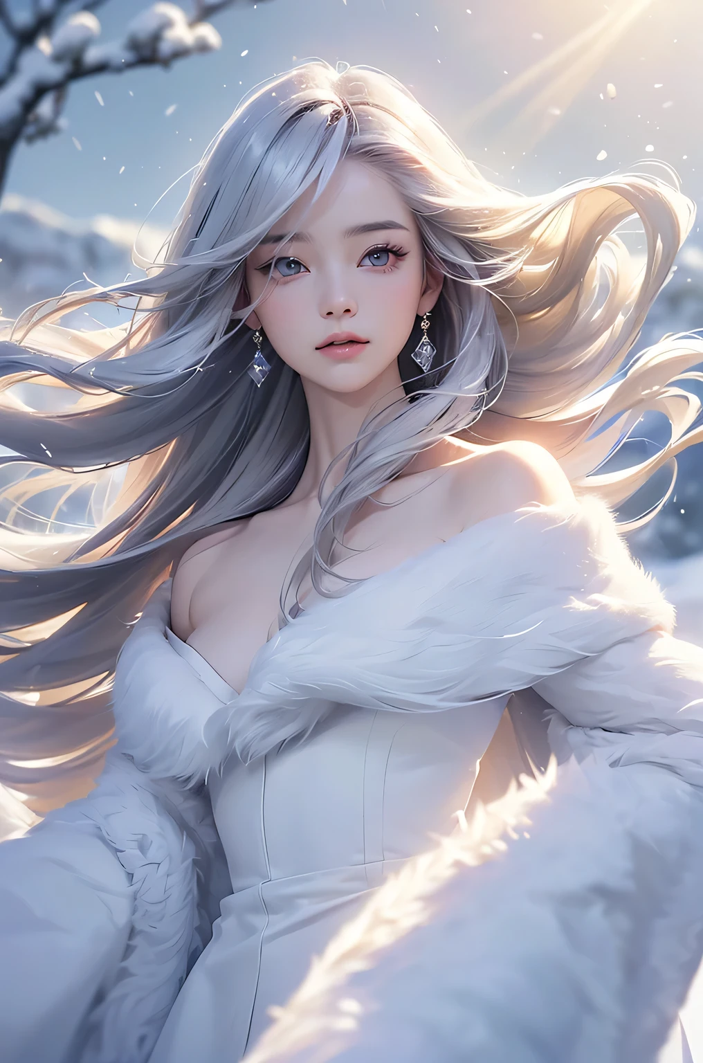 ((masterpiece:1.5、8k、Portraiture、Photorealistic and very detailed CG、Very detailed、Particle Effects、Dynamic Effects、Shallow depth of field、Cinematic Light、Lens flare、Ray Tracing、Tabletop、Realistic:1.4、Ultra-high resolution:1.2、Realistic、Realistic))((alone、,Woman wearing a white fur coat over an off-the-shoulder dress:1.4、wear a long scarf、Elegant woman posing、Detailed face、brightexpression、young, bright, Whiter skin、Ample breasts、Best Looks、Ultimate beauty、Shiny silver hair with highlights、bright and shiny hair,、Super long, Silky straight hair、Hair dancing in the wind))(morning、The setting is outdoors in the snow、Surrounded by illuminations)