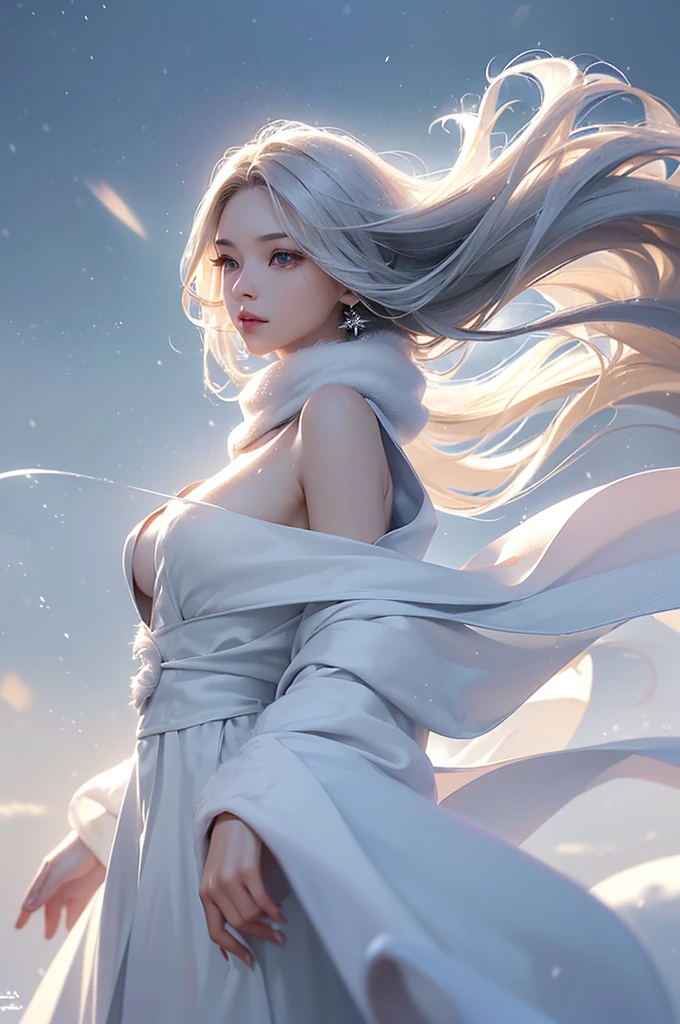 ((masterpiece:1.5、8k、Portraiture、フォトリアリスティックでVery detailedなCG、Very detailed、Particle Effects、Dynamic Effects、Shallow depth of field、Cinematic Light、Lens flare、Ray Tracing、Tabletop、Realistic:1.4、Ultra-high resolution:1.2、Realistic、Realistic))((alone、,Woman wearing a white fur coat over an off-the-shoulder dress:1.4、wear a long scarf、Elegant woman posing、Detailed face、bright表情、young, bright, Whiter skin、Ample breasts、Best Looks、Ultimate beauty、Shiny silver hair with highlights、bright and shiny hair,、Super long, Silky straight hair、Hair dancing in the wind))(morning、The setting is outdoors in the snow、Surrounded by illuminations)