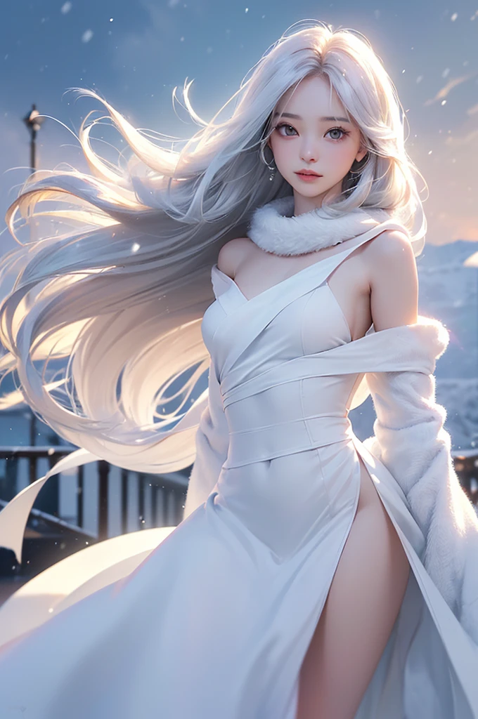((masterpiece:1.5、8k、Portraiture、フォトリアリスティックでVery detailedなCG、Very detailed、Particle Effects、Dynamic Effects、Shallow depth of field、Cinematic Light、Lens flare、Ray Tracing、Tabletop、Realistic:1.4、Ultra-high resolution:1.2、Realistic、Realistic))((alone、,Woman wearing a white fur coat over an off-the-shoulder dress:1.4、wear a long scarf、Elegant woman posing、Detailed face、bright表情、young, bright, Whiter skin、Ample breasts、Best Looks、Ultimate beauty、Shiny silver hair with highlights、bright and shiny hair,、Super long, Silky straight hair、Hair dancing in the wind))(morning、The setting is outdoors in the snow、Surrounded by illuminations)
