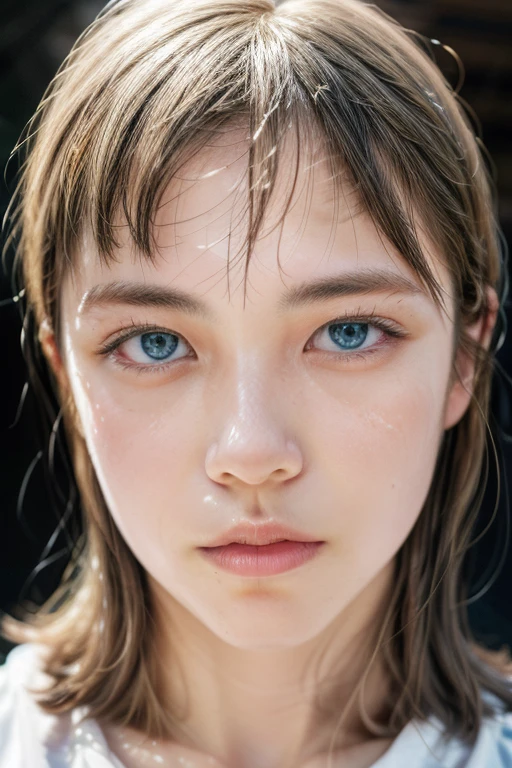 (nsfw:-2.0), (realistic, photo-realistic:1.4), (masterpiece, best quality:1.2), RAW photo, high resolution, intricate details, extremely detailed, realistic and sharp details, portrait, frontal photography, looking at viewer, solo, woman, (cropped white camisole top), blonde hair, blue eyes, (short bob hair:1.2), (detailed face, beautiful detailed eyes, long eyelashes, beautiful pupils, sophisticated nose), collarbone, pale skin, fine-textured skin, sweaty, shiny skin, photo background, indoors,