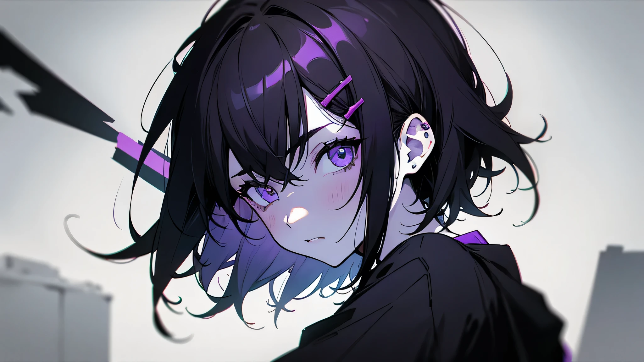 girl,Portraiture, Black and purple, Messy Short Hair, Edgy accessories,Sporty style, T-Shirts, A confident gaze, Monochrome color scheme, Look to the side, Chic street fashion, Pause,head,((people)),hairpin