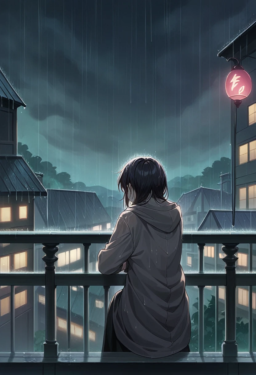 anime scene of a woman sitting on a balcony in the rain, a digital painting inspired by Atey Ghailan, trending on cg society, conceptual art, rainy evening, raining outside, rainy afternoon, lofi girl, lofi artstyle, rainy day outside, rainy night, rainy day, on a rainy day, rainy outside, late night raining, anime film still