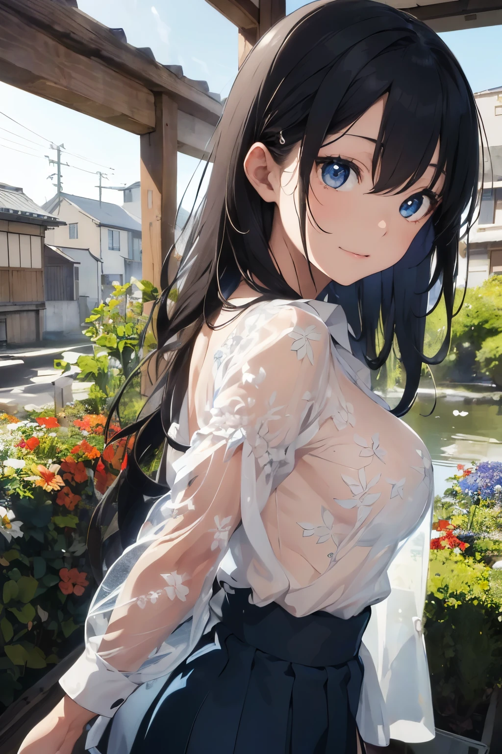 ((Highest quality)), ((masterpiece)), (detailed), (Japanese),14 years old, Black Hair,(Childish face), (Long Hair), Girl, big Breasts, ((topless)), ((Blue eyes)),half-smile ,mini skirt, Sunlight,Profile, arched back, (extreme_close_up) ,flower garden,((white See-through shirt)),(Sheer shirt),