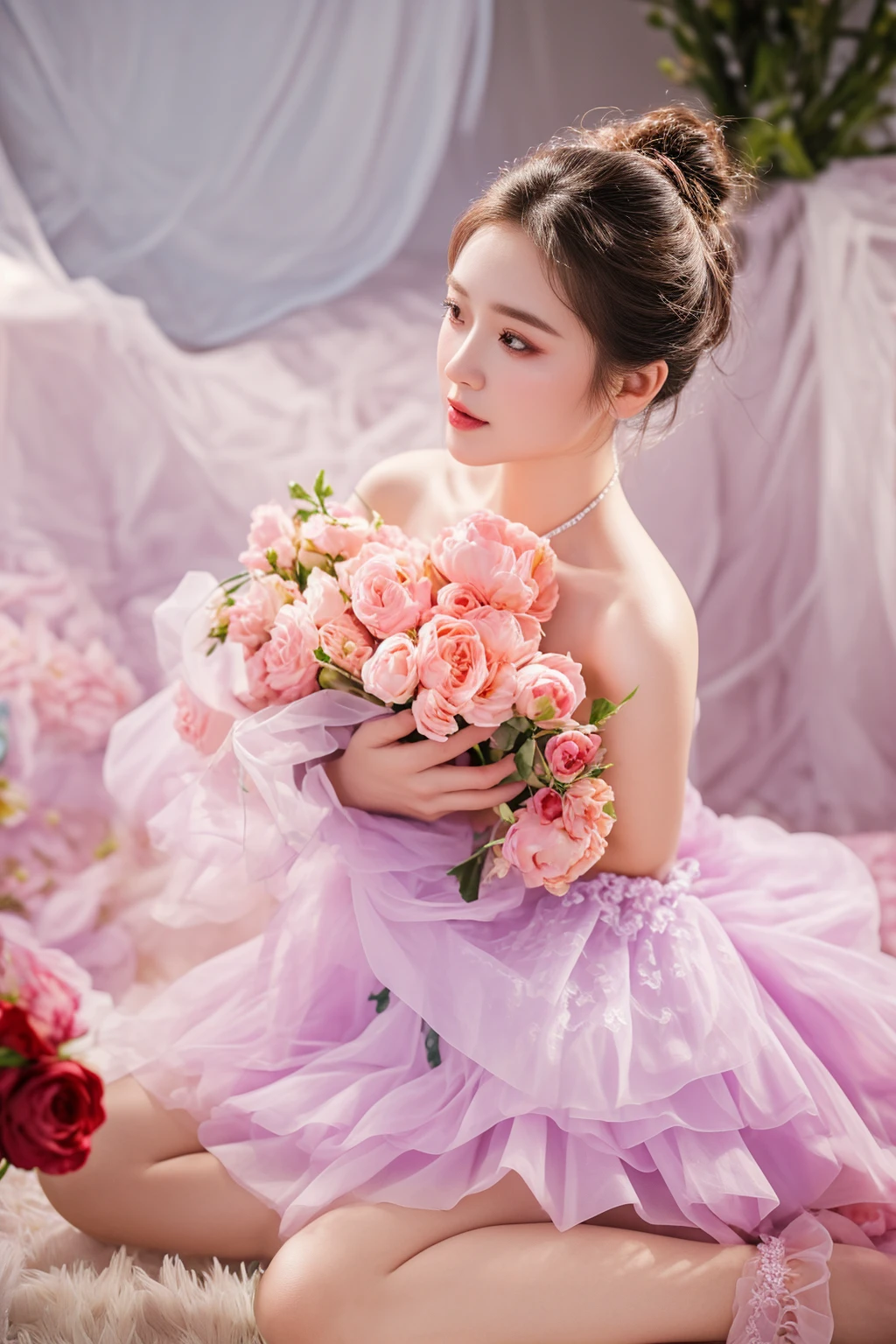 there is a woman sitting on the floor holding a bouquet of flowers, with flowers, with frozen flowers around her, lady with glowing flowers dress, ethereal beauty, wearing pink floral gown, sha xi, holding flowers, with soft pink colors, queen of flowers, wearing a pink ballroom gown, ethereal fairytale, flower goddess, dreamy and ethereal, ethereal and dreamy