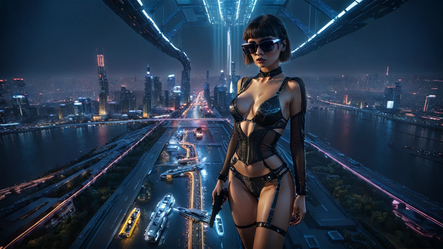 (aerial view), Blade Runner style futuristic sky bridge at night, (flying cars), neon lights. (1girl, solo, alone), large-breast:1.lim body, cleavage:1.1, sexy micro laced lingerie with jacket, (black sunglasses), ((she raised a pistol:1.8 and shot the viewer)), dynamic pose, ((half-body thigh level medium shot)), cinematic lighting, lens flare, ray tracing.
