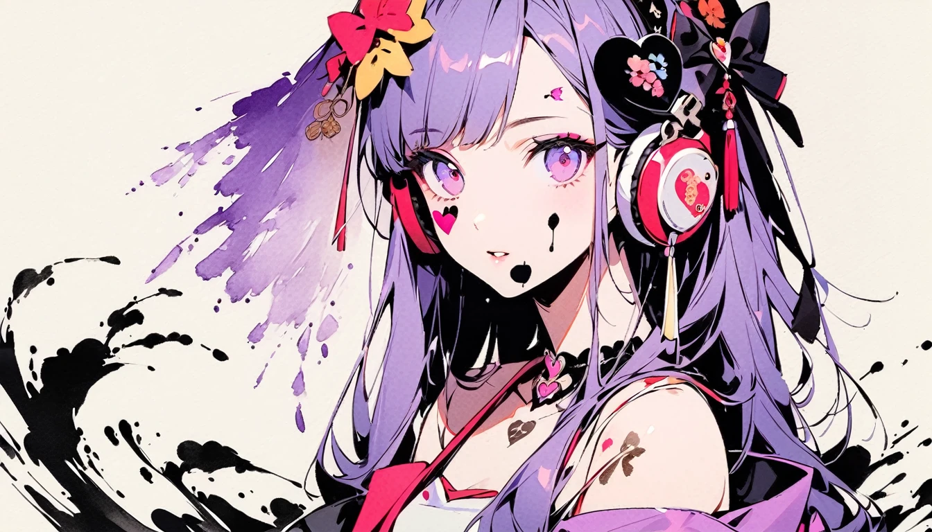 (((Ink Painting))), Fashion portrait color photos, (((1 girl))), (((Heart tattoo on face))), (((Gorgeous hair accessories))), Japanese style headphones, Japanese beautiful girl, violet Hair