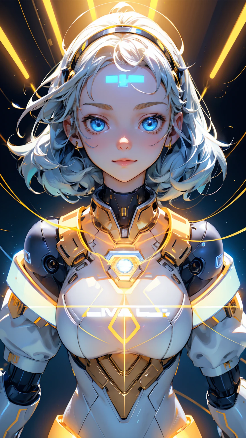 Cute robot girl, cute happy face, with a gold and silver color scheme, blue eyes with text "Easy" on the forehead in white letters, "KYC" ON chest with white letters, holding an electric cable with lights and futuristic elements around it, a golden background, shiny golden background with bright colors in a gold