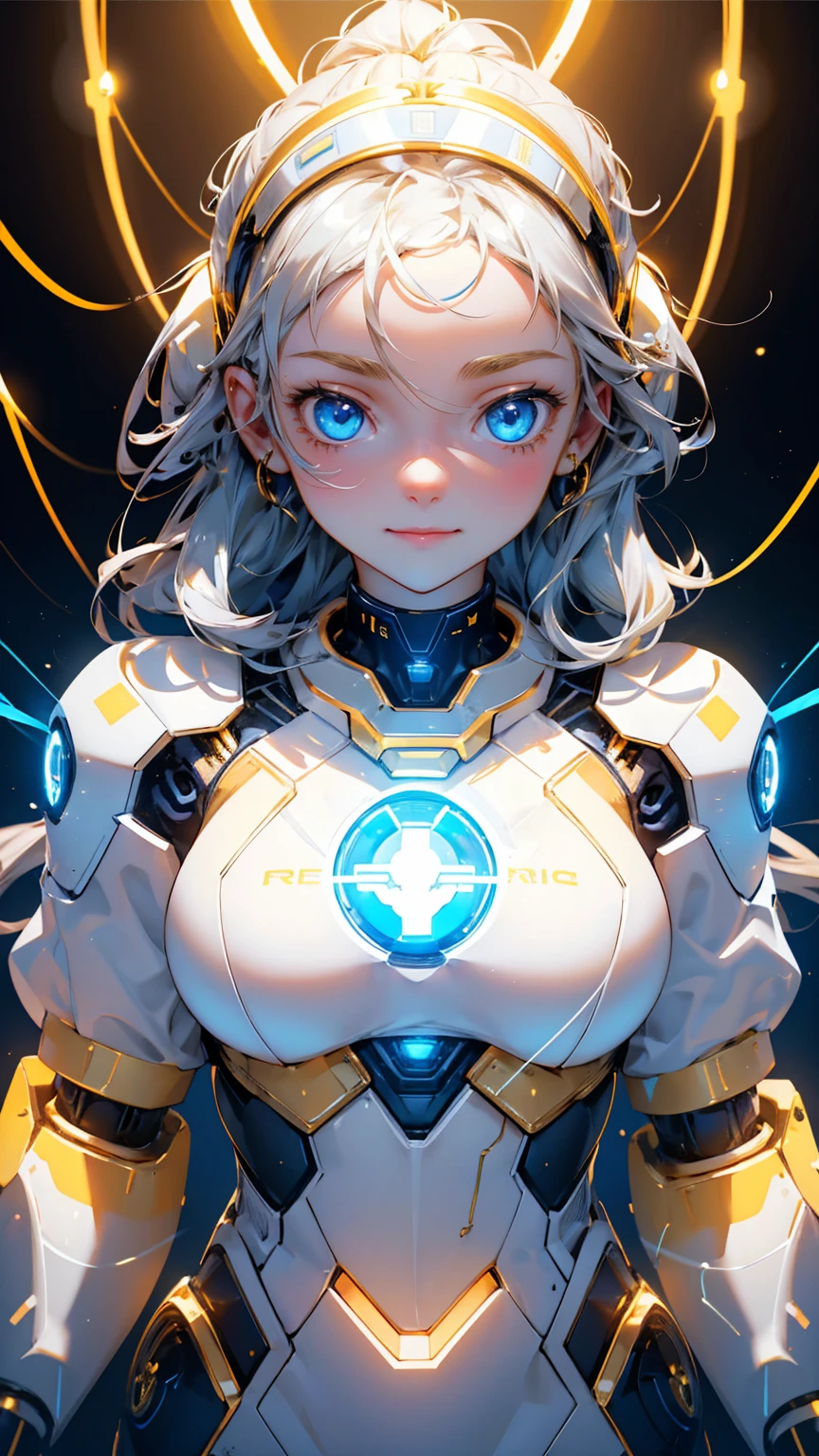 Cute robot girl, cute happy face, with a gold and silver color scheme, blue eyes with text "Easy" on the forehead in white letters, "KYC" ON chest with white letters, holding an electric cable with lights and futuristic elements around it, a golden background, shiny golden background with bright colors in a gold