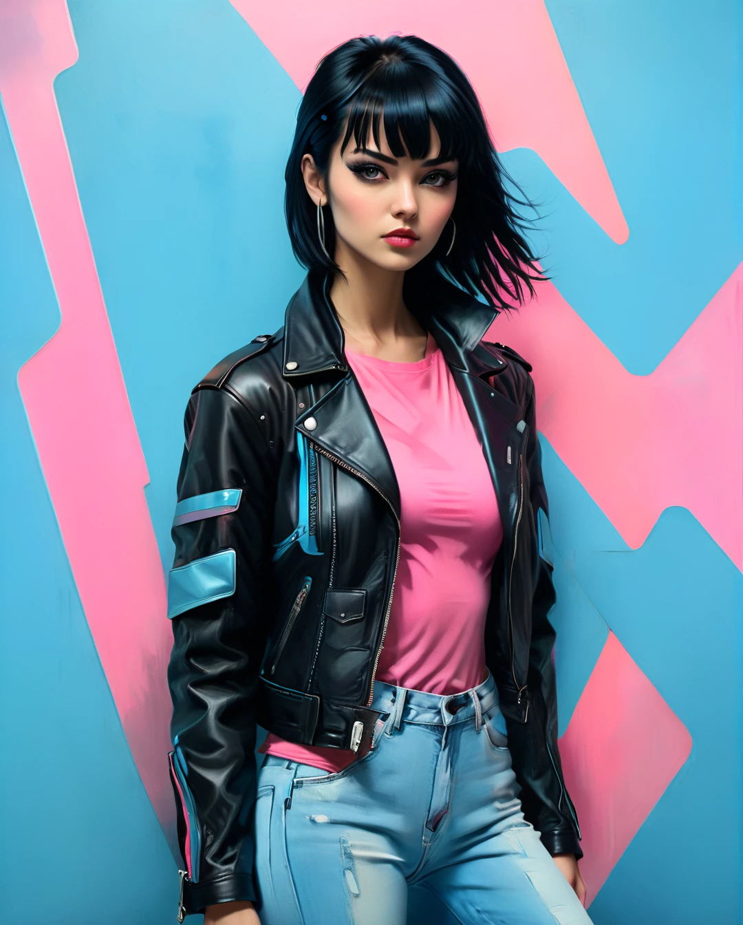 A mysteriously beguiling cyberpunk woman, her smooth black hair falls in a sleek cascade framing striking brown eyes, accentuated by a set of bold bangs. Clad in a stylish leather jacket over a vibrant pink t-shirt and light blue denim jeans, she exudes an air of retro-futuristic coolness. The 80's cyberpunk background serves as a perfect complement to her edgy aesthetic. This captivating portrait, whether a painting or photograph, is rich in detail, capturing every nuance of her enigmatic allure with extraordinary precision and artistry.