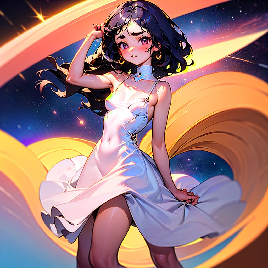 (1girl, Masterpiece, high quality, highly detailed), ((breasts type: wide-set, Wide Set breasts, A significant space between the breasts, more than usual)), (wearing Chunky knit tunic dress), (Winter theme),- **Eyes**: Round, dark brown - **Nose**: Small and straight - **Lips**: Full, coral pink - **Hair**: Long, wavy, black - **Skin Tone**: Medium tan with a warm undertone - **Eyebrows**: Medium thickness, gently arched - **Cheekbones**: Soft and rounded - **Chin**: Rounded - **Ears**: Small and close to the head - **Expression**: Confident and determined