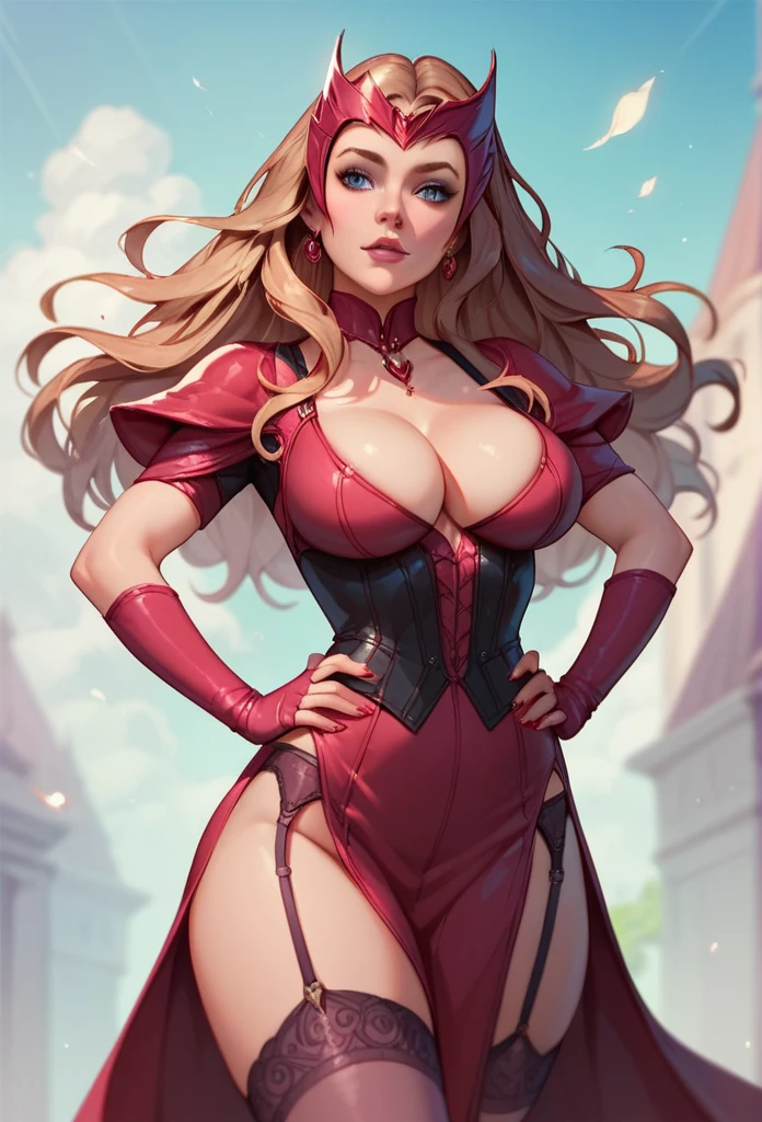 Scarlet Witch ( Elizabeth Olsen), big breasts, deep cleavage, garter belt, both sides slit short skirt showing her thighs, red magic mist surrounding her hands, hands on her hip