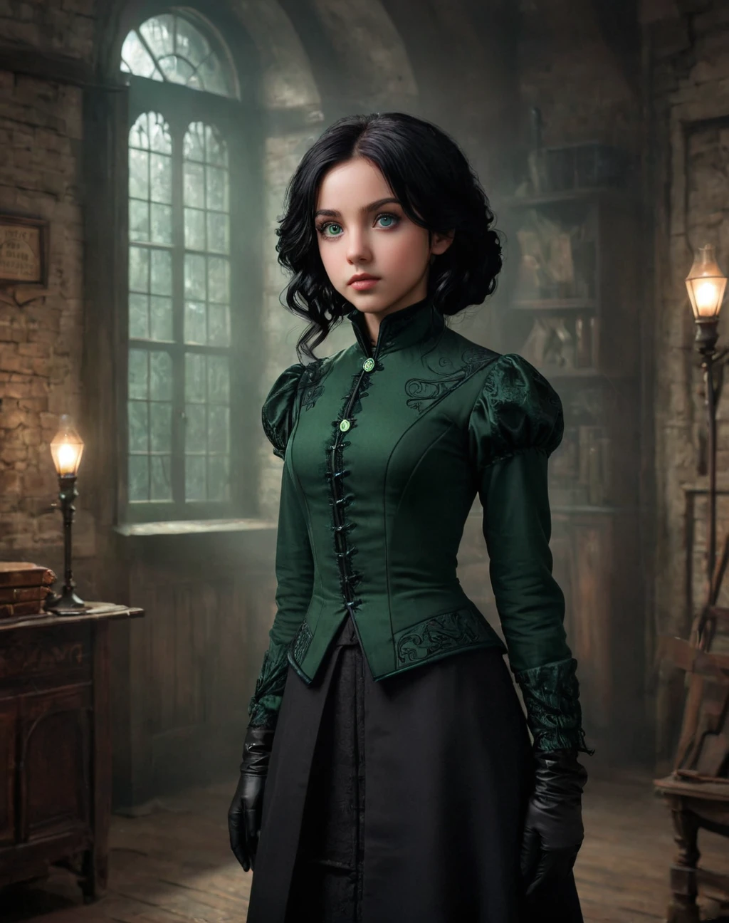 -yeld gi daughter of severus snape, green eyes, black hair,, (style-swirlmagic:0.8), solo, upper body, looking away, detailed background, detailed face, (victorian theme:1.1), false confidence, investigator of the unknown, tattered adventuring gear, gloves, dark color scheme, ancient apocalyptic prophecy,,psychological struggle, antique glyphs, shadowy tendrils in background, low light, early 20th century mysterious Lovecraftian atmosphere,