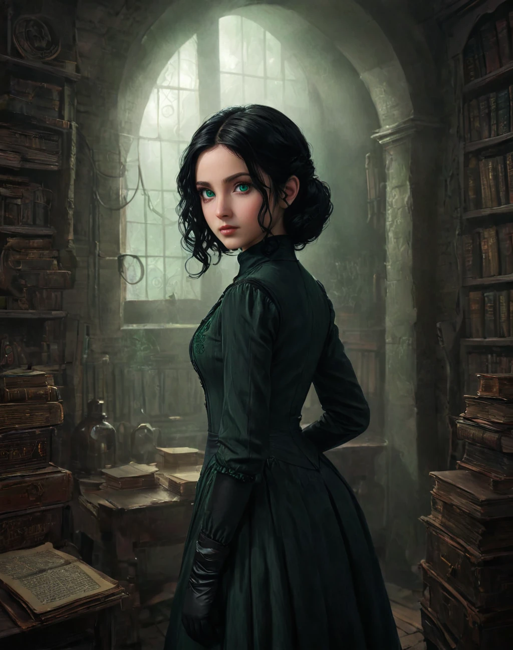 , daughter of severus snape, green eyes, black hair,, (style-swirlmagic:0.8), solo, upper body, looking away, detailed background, detailed face, (victorian theme:1.1), false confidence, investigator of the unknown, tattered adventuring gear, gloves, dark color scheme, ancient apocalyptic prophecy,,psychological struggle, antique glyphs, shadowy tendrils in background, low light, early 20th century mysterious Lovecraftian atmosphere,