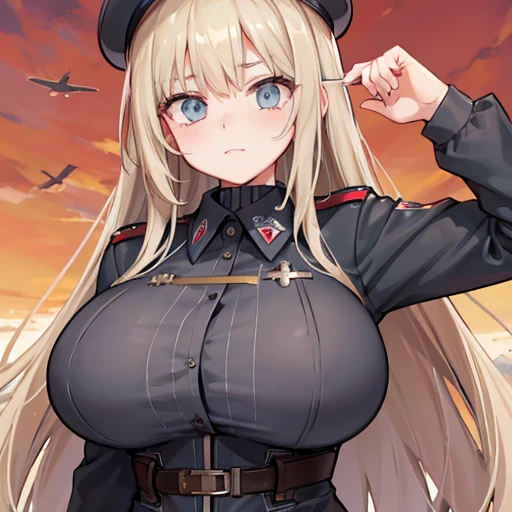 A girl who wears military clothes, brown heirs, gigantic breasts, anime cartoon, german third reich, long heirs,((highest quality)), ((masterpiece)),details, bleu eyes