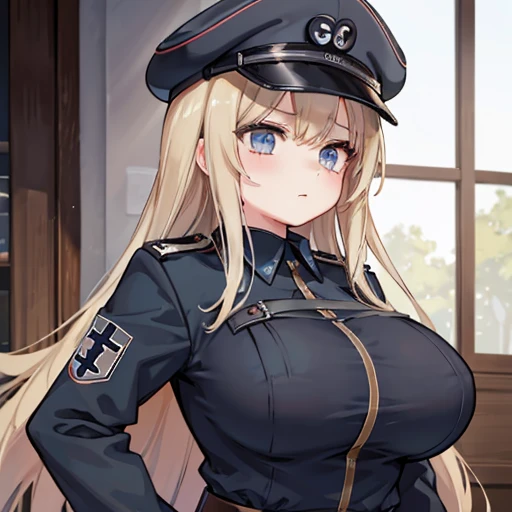 A girl who wears military clothes, brown heirs, gigantic breasts, anime cartoon, german third reich, long heirs,