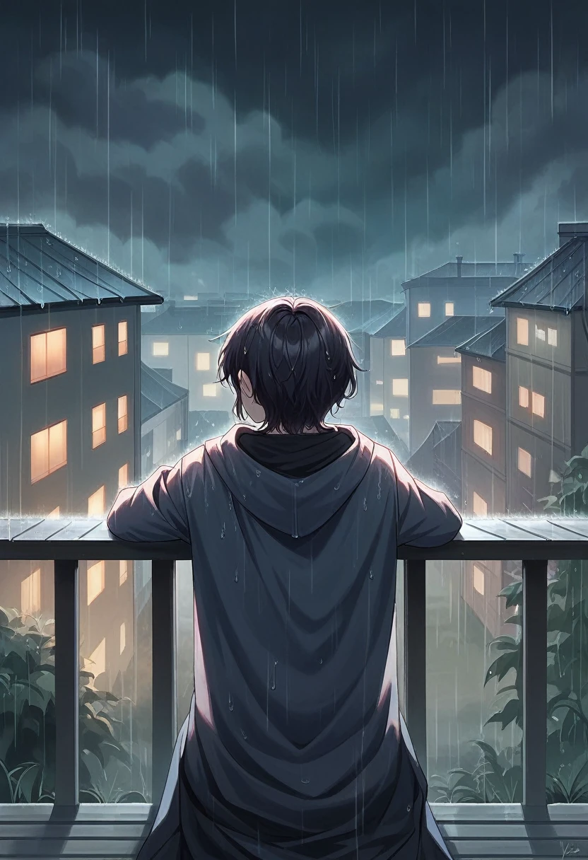anime scene of a woman sitting on a balcony in the rain, a digital painting inspired by Atey Ghailan, trending on cg society, conceptual art, rainy evening, raining outside, rainy afternoon, lofi girl, lofi artstyle, rainy day outside, rainy night, rainy day, on a rainy day, rainy outside, late night raining, anime film still