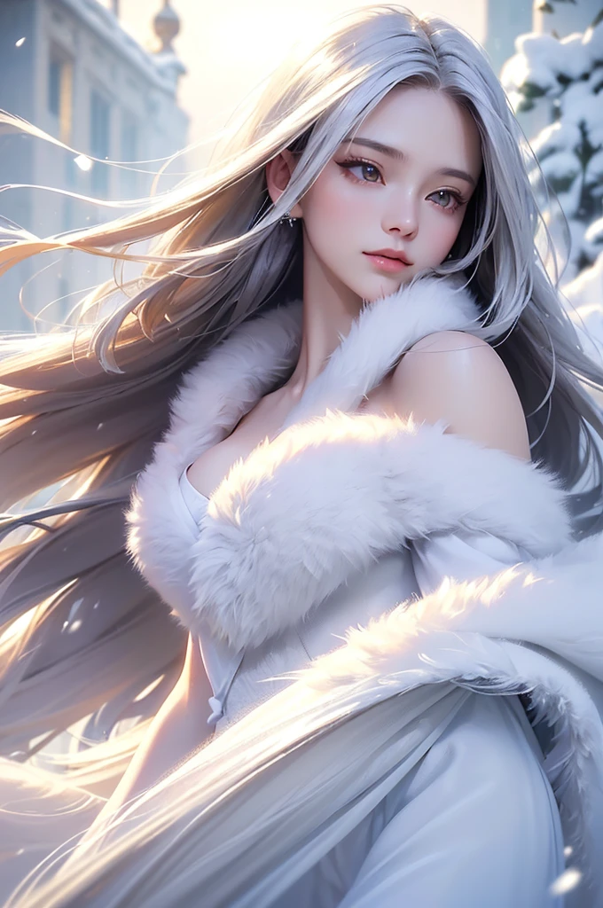 ((masterpiece:1.5、8k、Portraiture、フォトリアリスティックでVery detailedなCG、Very detailed、Particle Effects、Dynamic Effects、Shallow depth of field、Cinematic Light、Lens flare、Ray Tracing、Tabletop、Realistic:1.4、Ultra-high resolution:1.2、Realistic、Realistic))((alone、,Woman wearing a white fur coat over an off-the-shoulder dress:1.4、wear a long scarf、Elegant woman posing、Detailed face、bright表情、young, bright, Whiter skin、Ample breasts、Best Looks、Ultimate beauty、Shiny silver hair with highlights、bright and shiny hair,、Super long, Silky straight hair、Hair dancing in the wind))(morning、The setting is outdoors in the snow、Surrounded by illuminations)
