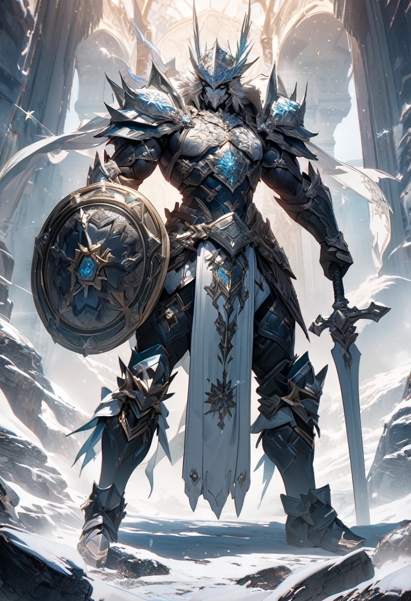 masterpiece, 8k, best quality, highly detailed, a male warrior holding a SHIELD in the shape of massive snowflake