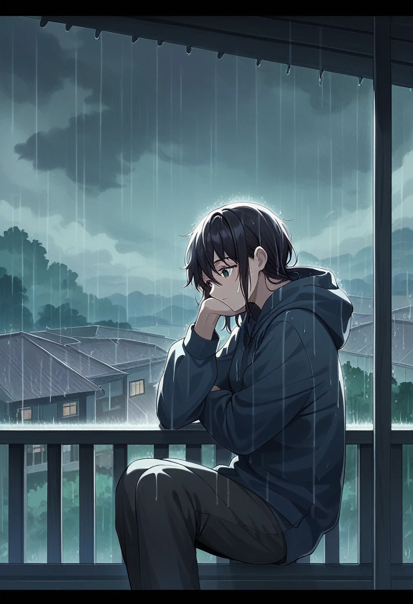 anime scene of a woman sitting on a balcony in the rain, rainy evening, raining outside, rainy afternoon, lofi girl, lofi artstyle, rainy day outside, rainy night, rainy day, on a rainy day, inspired by Atey Ghailan, rainy outside, late night raining, anime film still, rainy mood, in style of atey ghailan