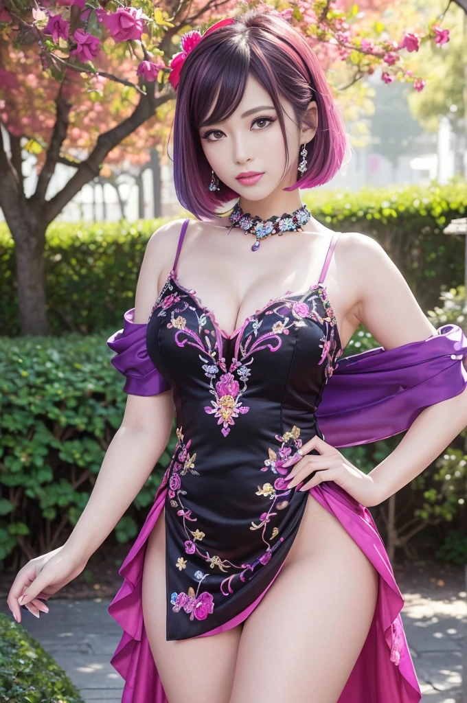 (masterpiece:1.4), (best quality:1.4), ultra high res, ultra high resolution, ((detailed facial features)), HDR, (realistic, photorealistic, photo-realistic:1.37), full body Esbian, sexy Indonesian model, (-anime), only 1 model, vivid colors, ((vivid colors multicolor (fuchsia, pink, light blue, purple) very short hair)), (happy smile), lip-gloss, long lashes, ultra detailed makeup, defined eyebrows, wearing large sparkling colorful jewelery, wearing a red silk Paradise Kiss cosplay dress with black floral embroidery, ((vivid colors outfit)), vivid colors, look at the camera, cinematic light, large park background with trees, sweet and sexy pose