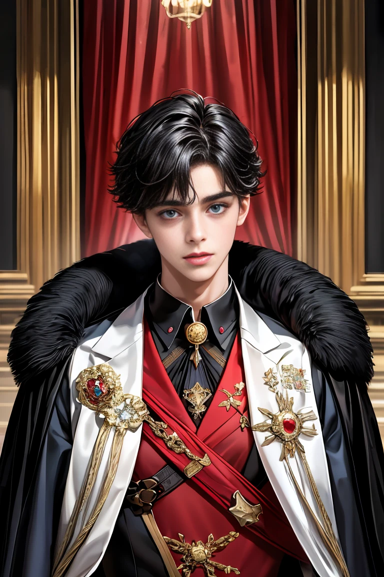 masterpiece, 最high quality, high quality, 1 boy, alone, Male focus, Watching the audience, Messy black hair, Adorable big blue eyes, White people, Noble, Noble,Sexy voluminous black and red cape、Tuxedo、A very voluminous, large, very large, very large, long, long red and black cape with a high stand-up collar, reaching down to the floor, made of a lot of fabric., 17 years old,Cute beautiful boys,Cute, cute, kind, handsome guy