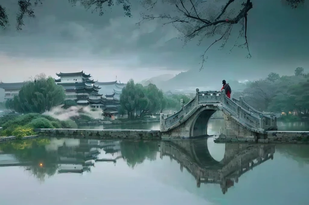 A man is walking on a bridge over a lake, Dreamy Chinatown, author Shang Xi, by Cheng Jiasui, zhouzhuang ancient town, author:Ye Xin, by Xia Yong, by Cheng Zhengkui, author:Song Xu, Chinese, Yao Tingmei, author:Cold plum, author:Xu Xi, Chinese scenery