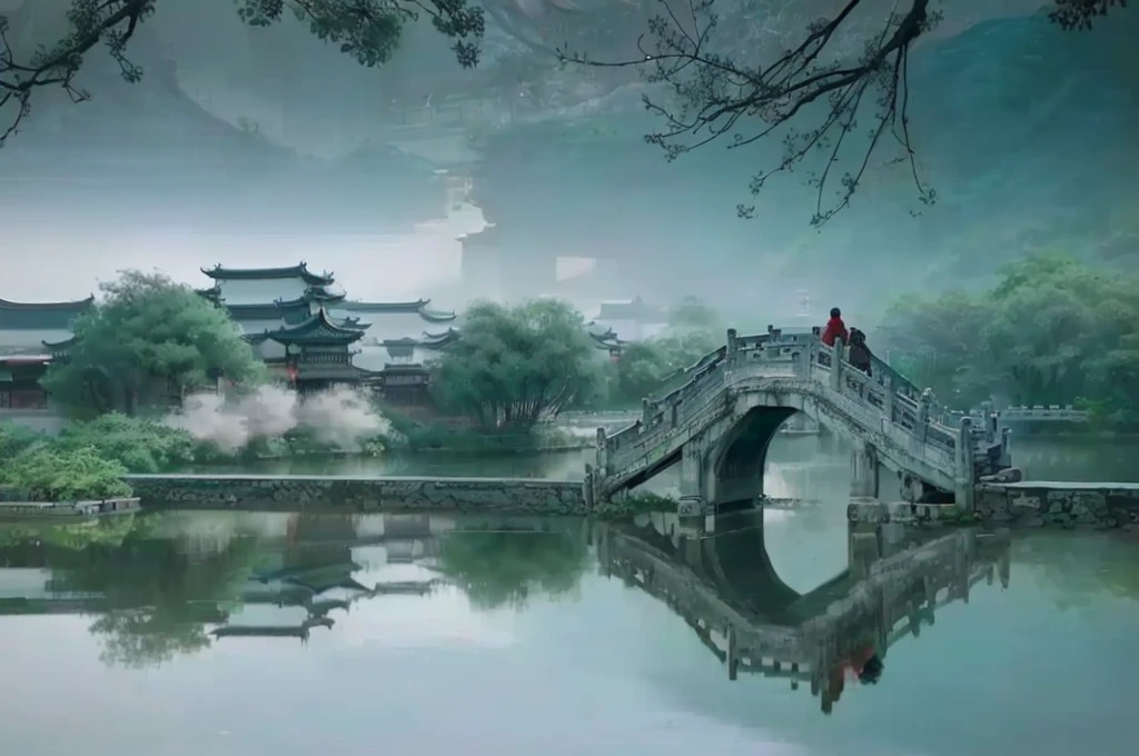 A man is walking on a bridge over a lake, Dreamy Chinatown, author Shang Xi, by Cheng Jiasui, zhouzhuang ancient town, author:Ye Xin, by Xia Yong, by Cheng Zhengkui, author:Song Xu, Chinese, Yao Tingmei, author:Cold plum, author:Xu Xi, Chinese scenery