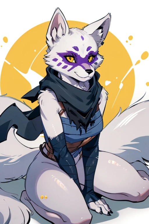 Tmnt, Alopex, arctic fox, furry character, purple mark eyes, 1girl, Solo, Fox Ears, Smile, Yellow Eyes, brown scarf, black bandage arms and legs, black robe