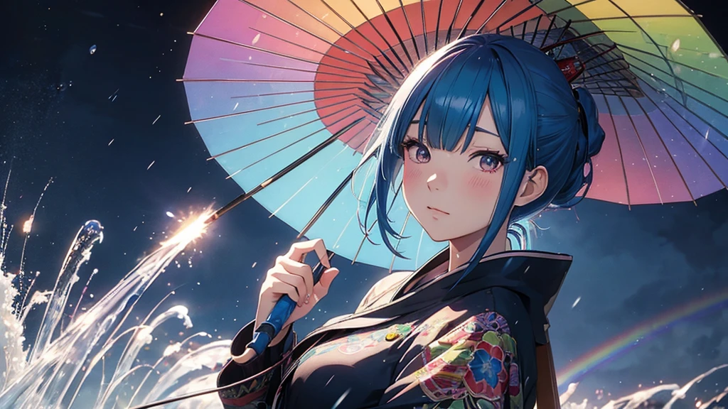 Anime Style, Very detailed, 8k, Blue haired girl holding a traditional Japanese umbrella, Rainbow-colored gems rain down.