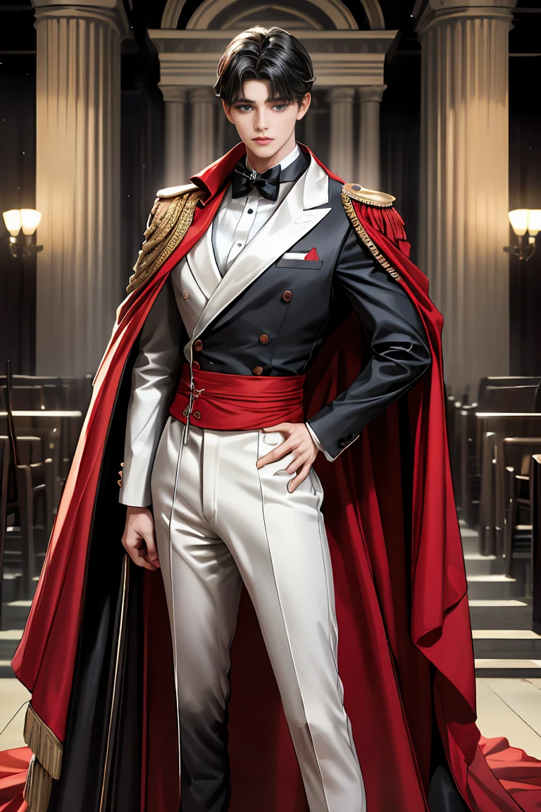 masterpiece, 最high quality, high quality, 1 boy, alone, Male focus, Watching the audience, Messy black hair, Adorable big blue eyes, White, Noble, Noble,A black and red cape that is bursting with sexy volume、Tuxedo、A very voluminous, large, very large, very large, long, long red and black cape with a high stand-up collar, made of a lot of fabric that reaches down to the floor., 17 years old,Cute beautiful boys,Cute, cute, kind, handsome guy