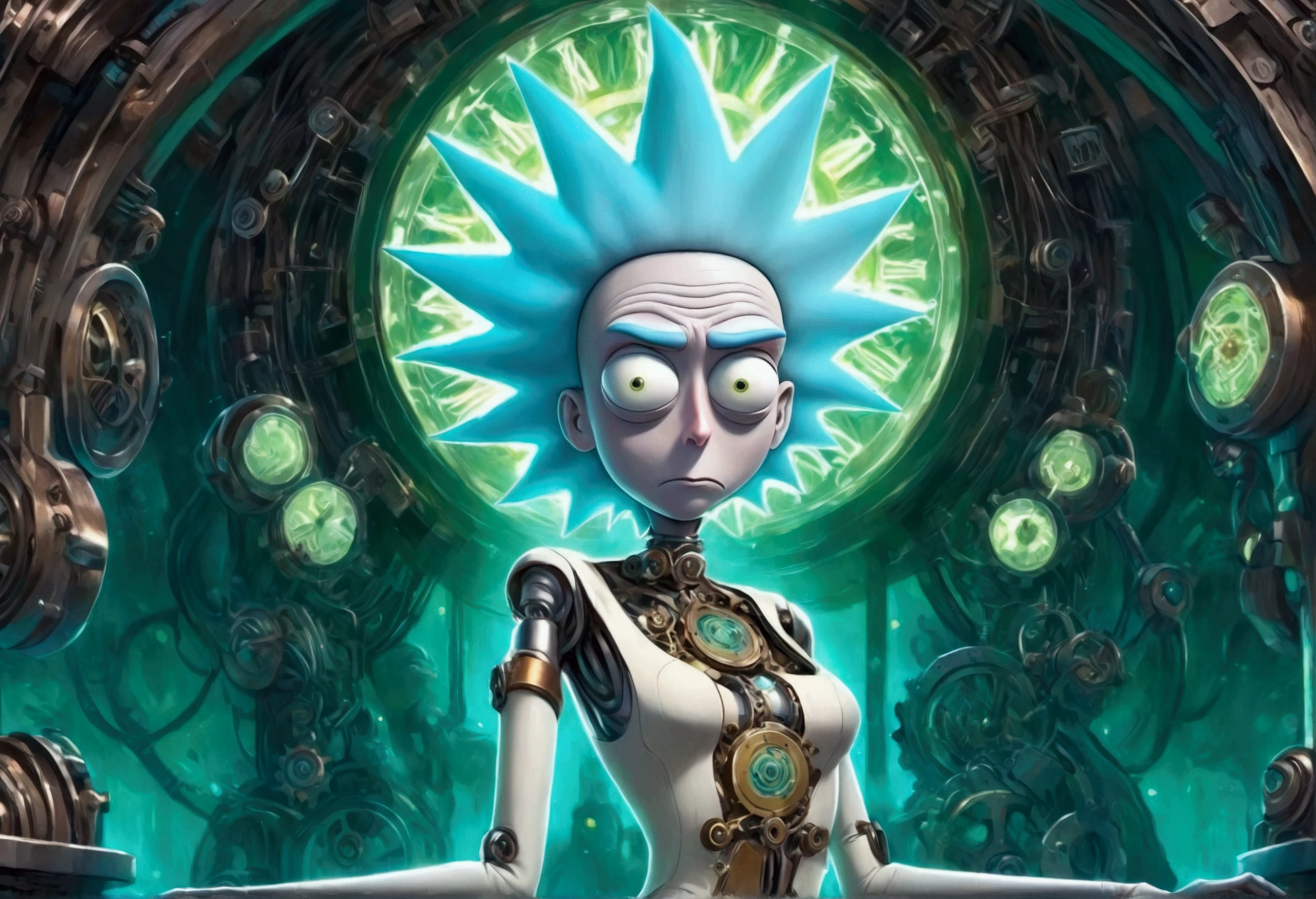 RICK AND mORTY'S, Rick, is watching a fashion show in a world of clockwork people. Cute clockwork woman (age 25, high heels, sexy dress, semi transparent skin showing her gears) show her from head to toe