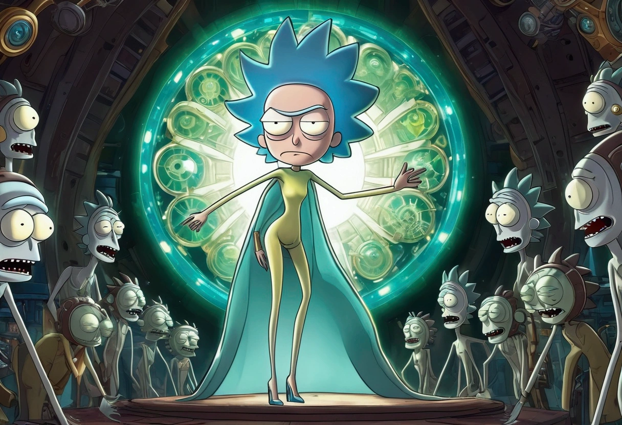 RICK AND mORTY'S, Rick, is watching a fashion show in a world of clockwork people. Cute clockwork woman (age 25, high heels, sexy dress, semi transparent skin showing her gears) show her from head to toe
