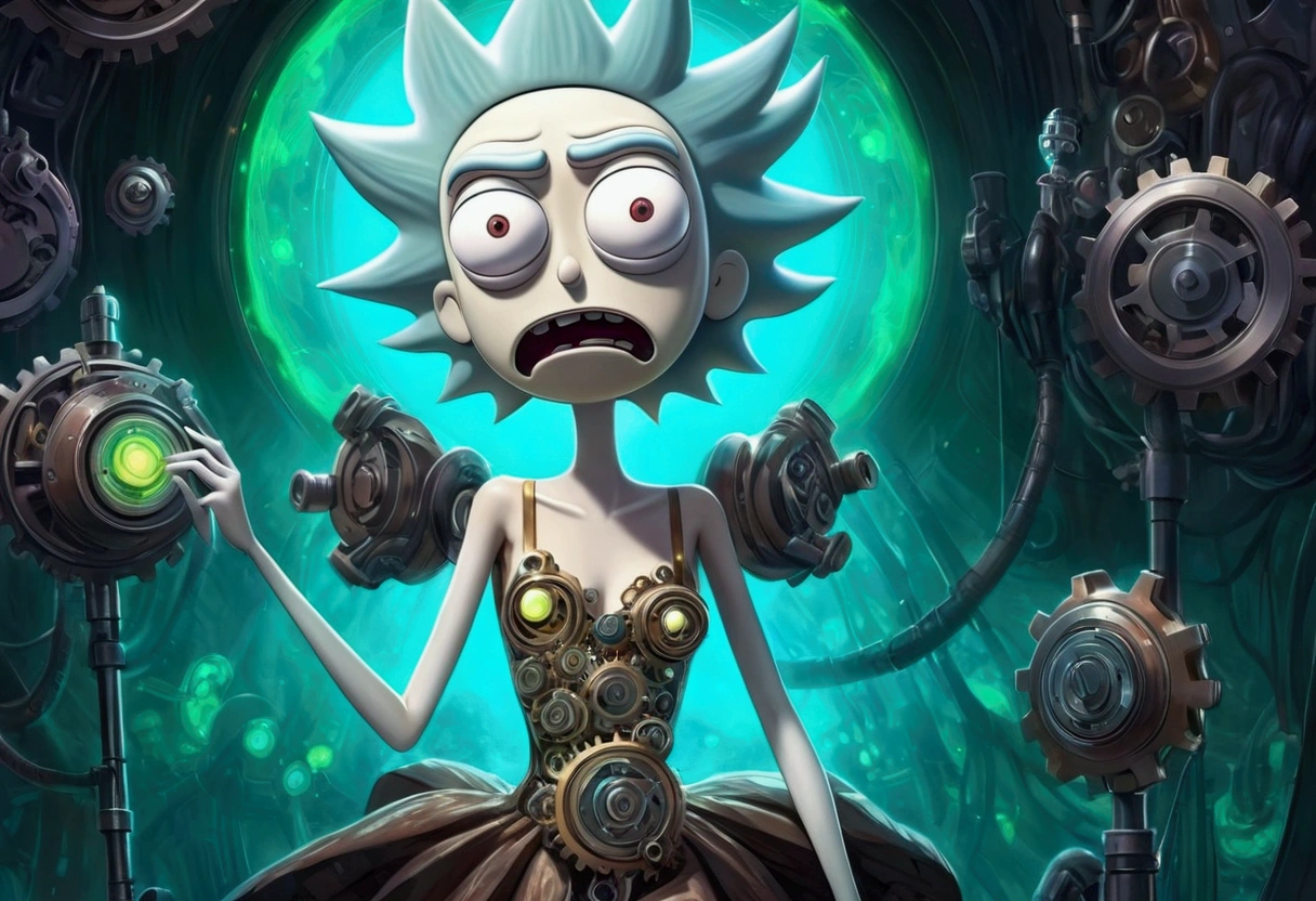 RICK AND mORTY'S, Rick, is watching a fashion show in a world of clockwork people. Cute clockwork woman (age 25, high heels, sexy dress, semi transparent skin showing her gears) show her from head to toe