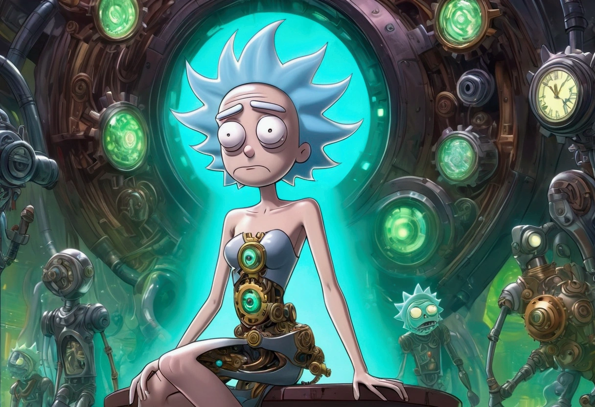 RICK AND mORTY'S, Rick, is watching a fashion show in a world of clockwork people. Cute clockwork woman (age 25, high heels, sexy dress, semi transparent skin showing her gears) show her from head to toe