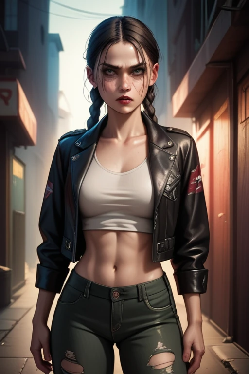 Hungarian woman with an athletic and toned physique; striking features with high cheekbones; green eyes; long, dark hair often styled in intricate braids; 'light olive' skin; best quality; trending on artstation; complex volumetric lighting; strong shadows; artistic lighting; dynamic; energetic vibe; realistic skin; specular highlights; micro-textures; highly detailed hair; crumbling concrete walls; dystopian aesthetic; injured and bleeding; slouching down behind garbage in an alleyway at night; in pain; bloodied face; bloody clothes; leather jacket; bleeding profusely; stab wound