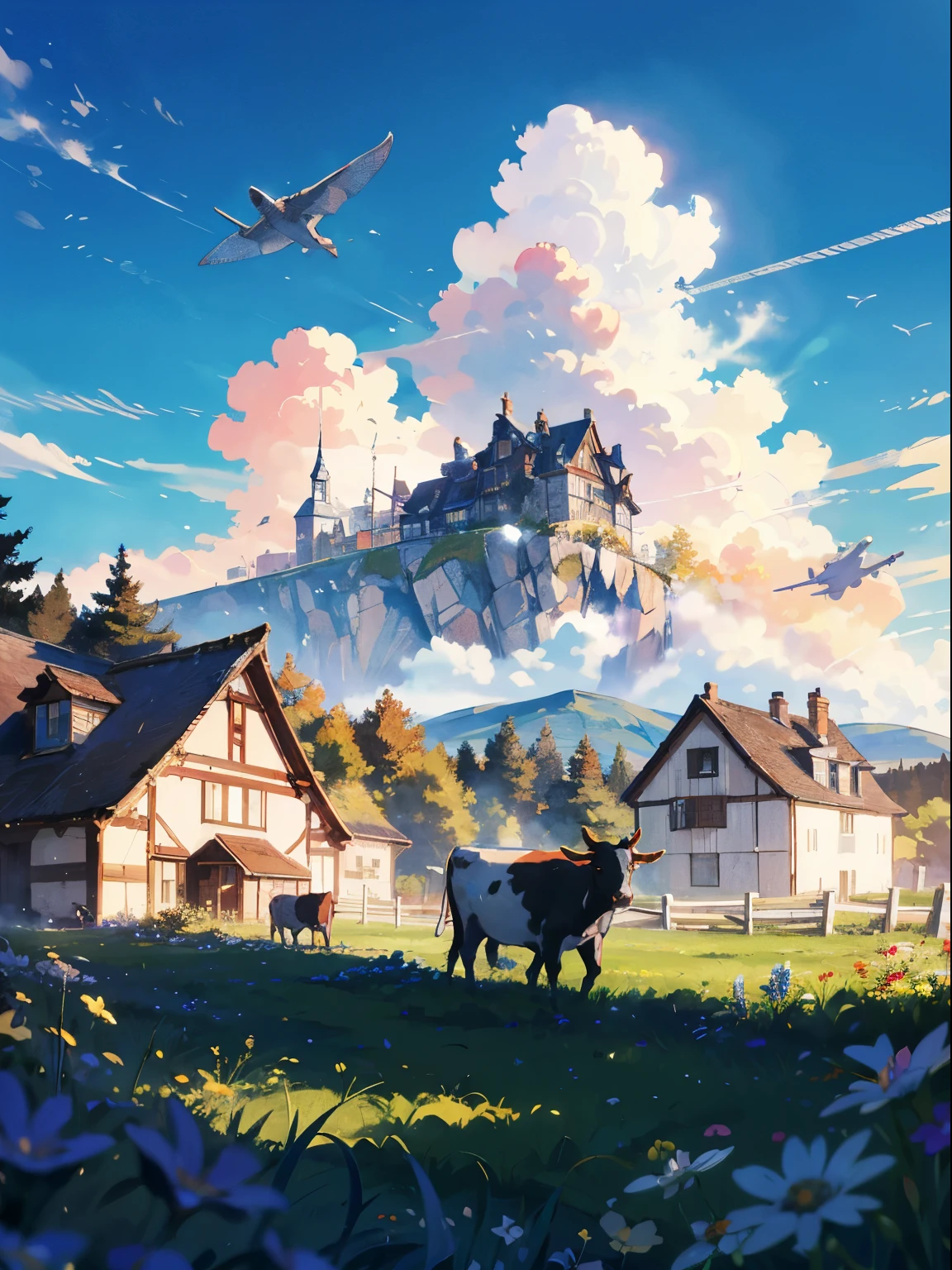 Leviathan flying in the blue sky,Imagine,a peaceful day, Detailed clouds, site, Grazing cows, flower, House in the distance, Fence, wood,Excellent