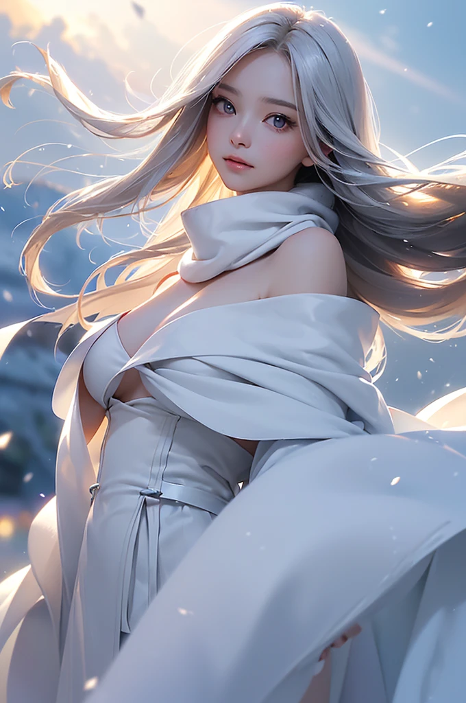 ((masterpiece:1.5、8k、Portraiture、フォトリアリスティックでVery detailedなCG、Very detailed、Particle Effects、Dynamic Effects、Shallow depth of field、Cinematic Light、Lens flare、Ray Tracing、Tabletop、Realistic:1.4、Ultra-high resolution:1.2、Realistic、Realistic))((alone、,A woman wearing a white coat over an off-the-shoulder dress:1.4、wear a long scarf、Elegant woman posing、Detailed face、bright表情、young, bright, Whiter skin、Ample breasts、Best Looks、Ultimate beauty、Shiny silver hair with highlights、bright and shiny hair,、Super long, Silky straight hair、Hair dancing in the wind))(morning、The setting is outdoors in the snow、Surrounded by illuminations)