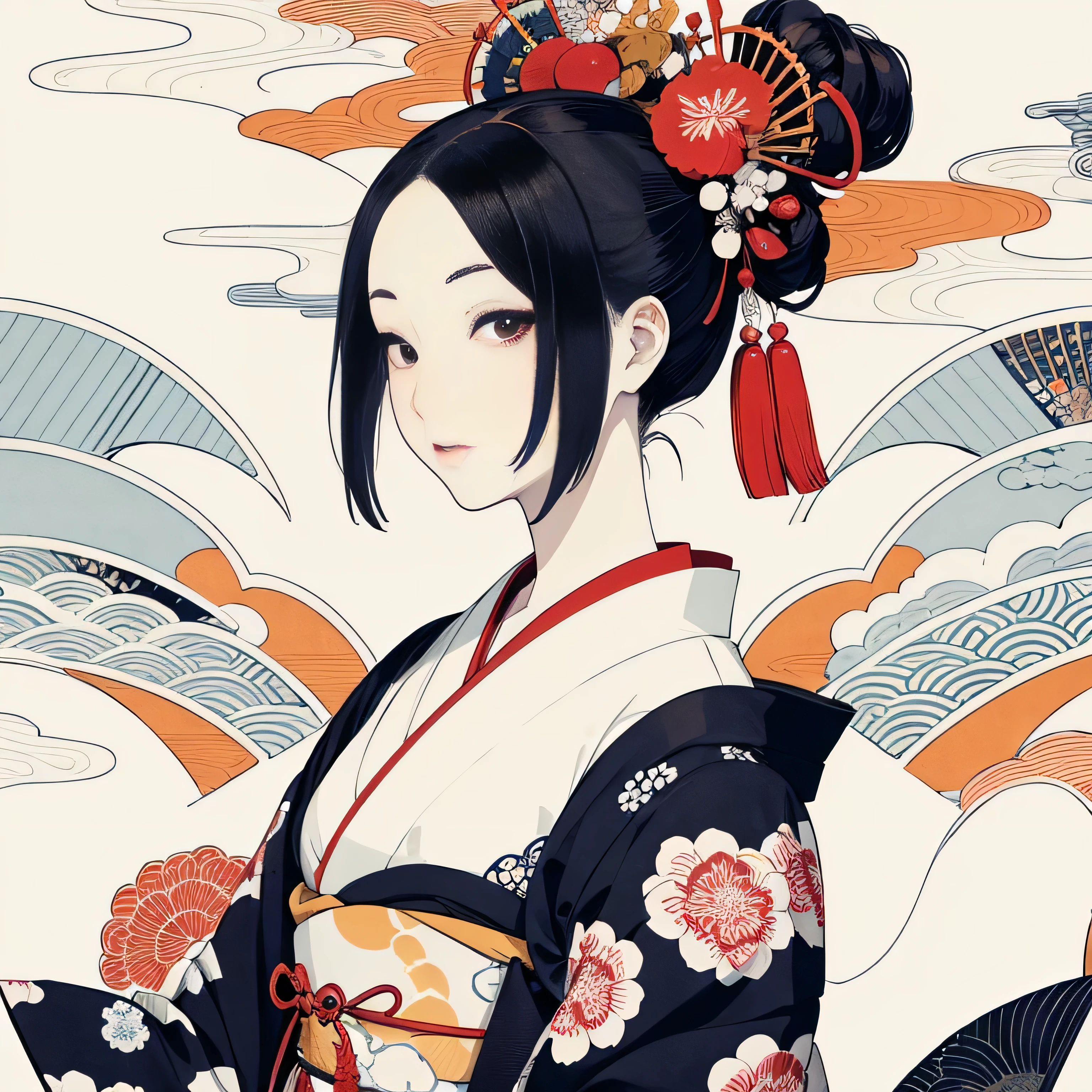 Create images inspired by the beauty of Japanese Ukiyo-e, With delicate lines, Flat Color, Focus on patterns and composition. kimono white,kaleidoscope background，colorful