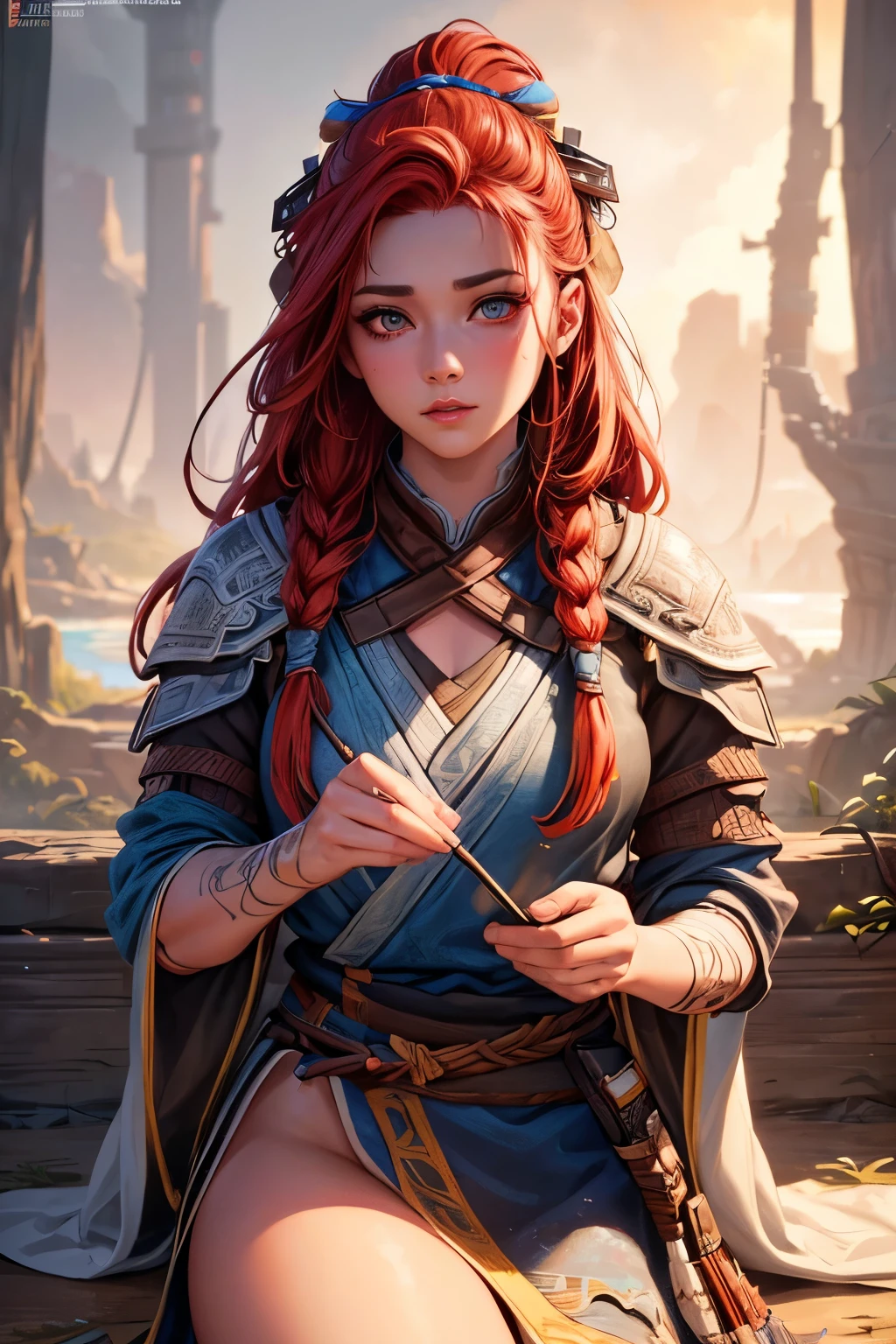 aloy of horizon zero dawn,1girl,beautiful detailed eyes,beautiful detailed lips,extremely detailed face,long eyelashes,undressing,exposed skin,nude,river,wild,red hair,photorealistic,highly detailed,cinematic lighting,dramatic lighting,vibrant colors,fantasy,hyper realistic