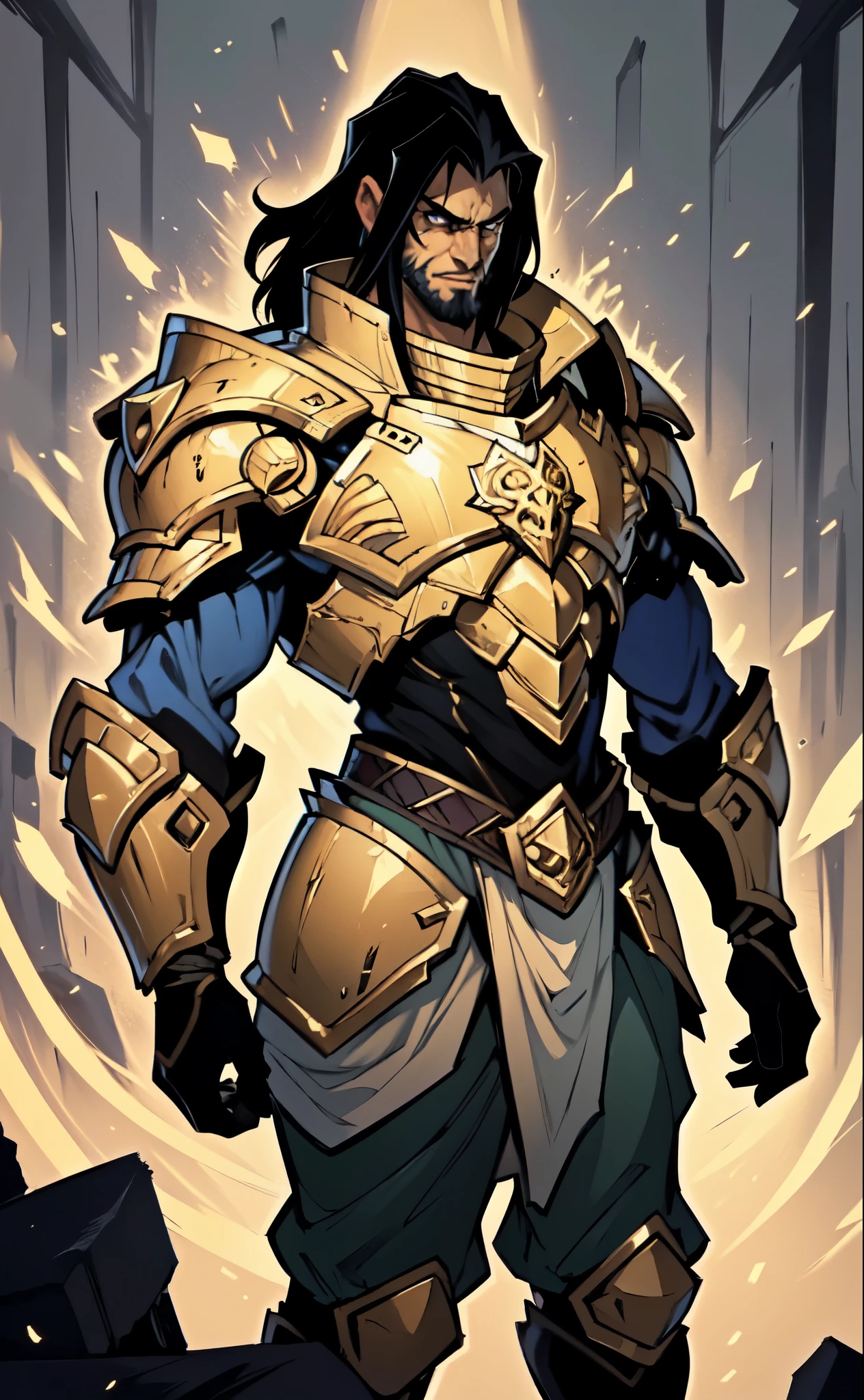 (masterpiece:1.2, best quality:1.2, extremely delicate:1.2), ((male:1.5)), a middle-aged man with long blue-black hair, thick eyebrows, sharp eyes, a wild smile, (a dense beard:1.2), (a huge scar down the middle of his face:1.2), a tall and robust build, ((luxurious golden high-collar chest armor without shoulder guards:1.3)), revealing his muscular abs, a short-sleeved undershirt, a metal belt, short skirt armor, canvas trousers, a cape flutters in the wind behind him, stands majestically on a desolate battlefield, this character embodies a finely crafted fantasy-style overlord in anime style, exquisite and mature manga art style, dramatic, high definition, highres, ultra-detailed, ultra-fine painting, professional, perfect body proportions, golden ratio, anatomically correct, symmetrical face, extremely detailed eyes and face, high quality eyes, creativity, RAW photo, UHD, 32k, Natural light, cinematic lighting, masterpiece-anatomy-perfect