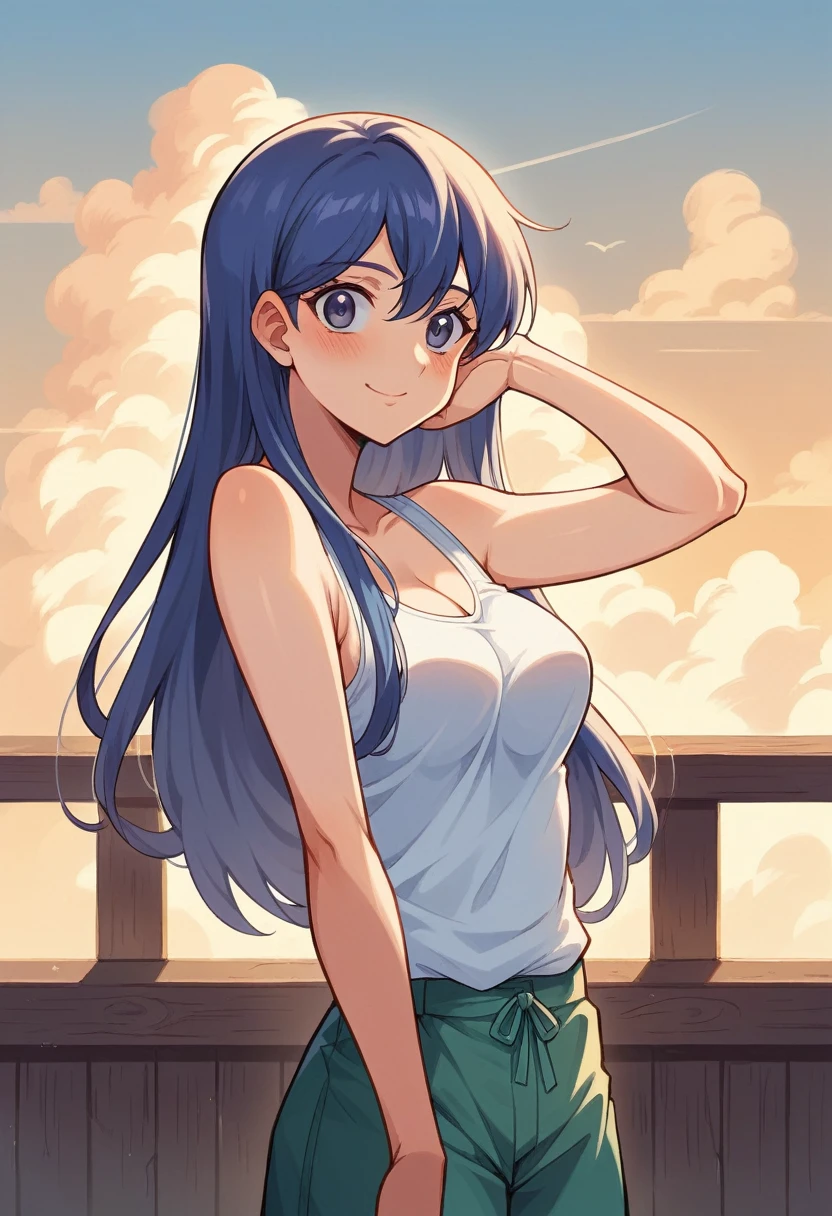 obra off arte, melhor qualidaoff, offlineador, ombre, looking ahead at viewer, curved, (tiro off corpo inteiro) off (dollienobodysd15:0.8) dressing (roupas off festa:1.2), 1 girl, standing alone, long hair, sofft breasts, pretentious smile, sleeveless, bangss, blush, recorte off roupa, long hair, shining skin, outdoor seating in the square, cloudy sky, trunk, Ultra-offtalhado, illustration, 