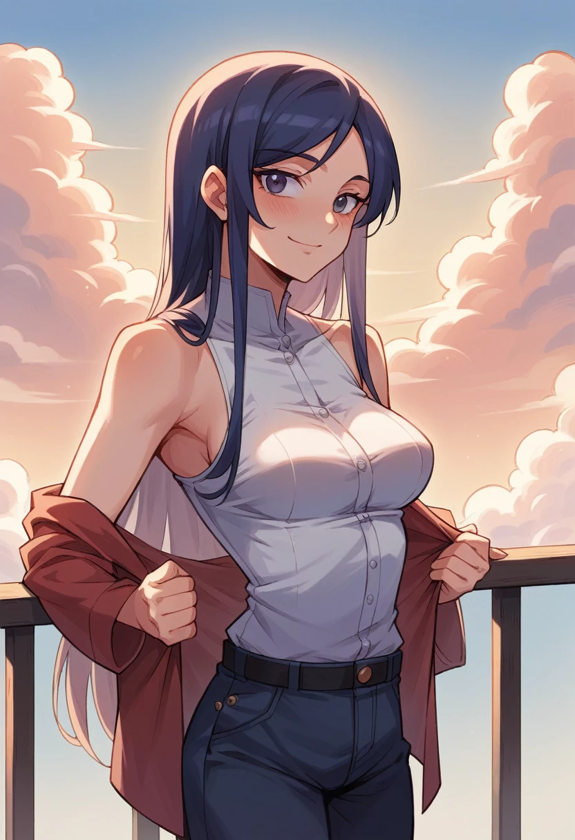 obra off arte, melhor qualidaoff, offlineador, ombre, looking ahead at viewer, curved, (tiro off corpo inteiro) off (dollienobodysd15:0.8) dressing (roupas off festa:1.2), 1 girl, standing alone, long hair, sofft breasts, pretentious smile, sleeveless, bangss, blush, recorte off roupa, long hair, shining skin, outdoor seating in the square, cloudy sky, trunk, Ultra-offtalhado, illustration, 