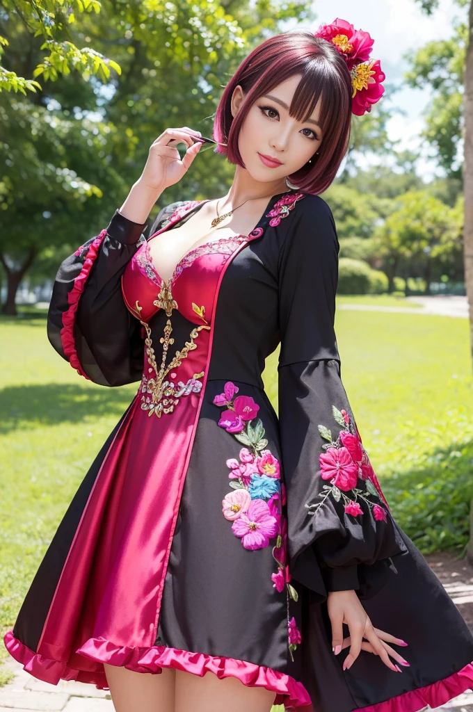 (masterpiece:1.4), (best quality:1.4), ultra high res, ultra high resolution, ((detailed facial features)), HDR, (realistic, photorealistic, photo-realistic:1.37), full body Esbian, y Vietnamese model, (-anime), vivid colors, ((vivid colors multicolor (red, fuchsia) very short hair)), (happy smile), lip-gloss, long lashes, ultra detailed metallic makeup, defined eyebrows, wearing large sparkling colorful jewelery, wearing a red silk Paradise Kiss cosplay dress with black floral embroidery, ((vivid colors outfit)), vivid colors, look at the camera, cinematic light, large park background with trees, sweet and sexose