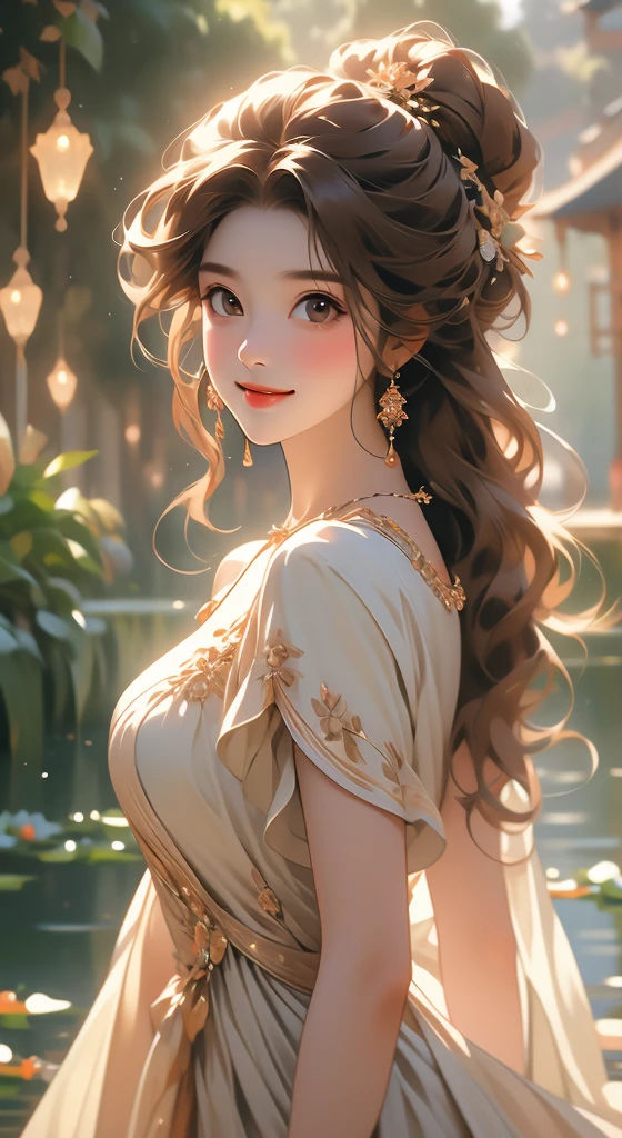 mocha brown, classical dress, brown hair, twin drills, smile, Monet, UHD, high details, best quality, highres, 8k