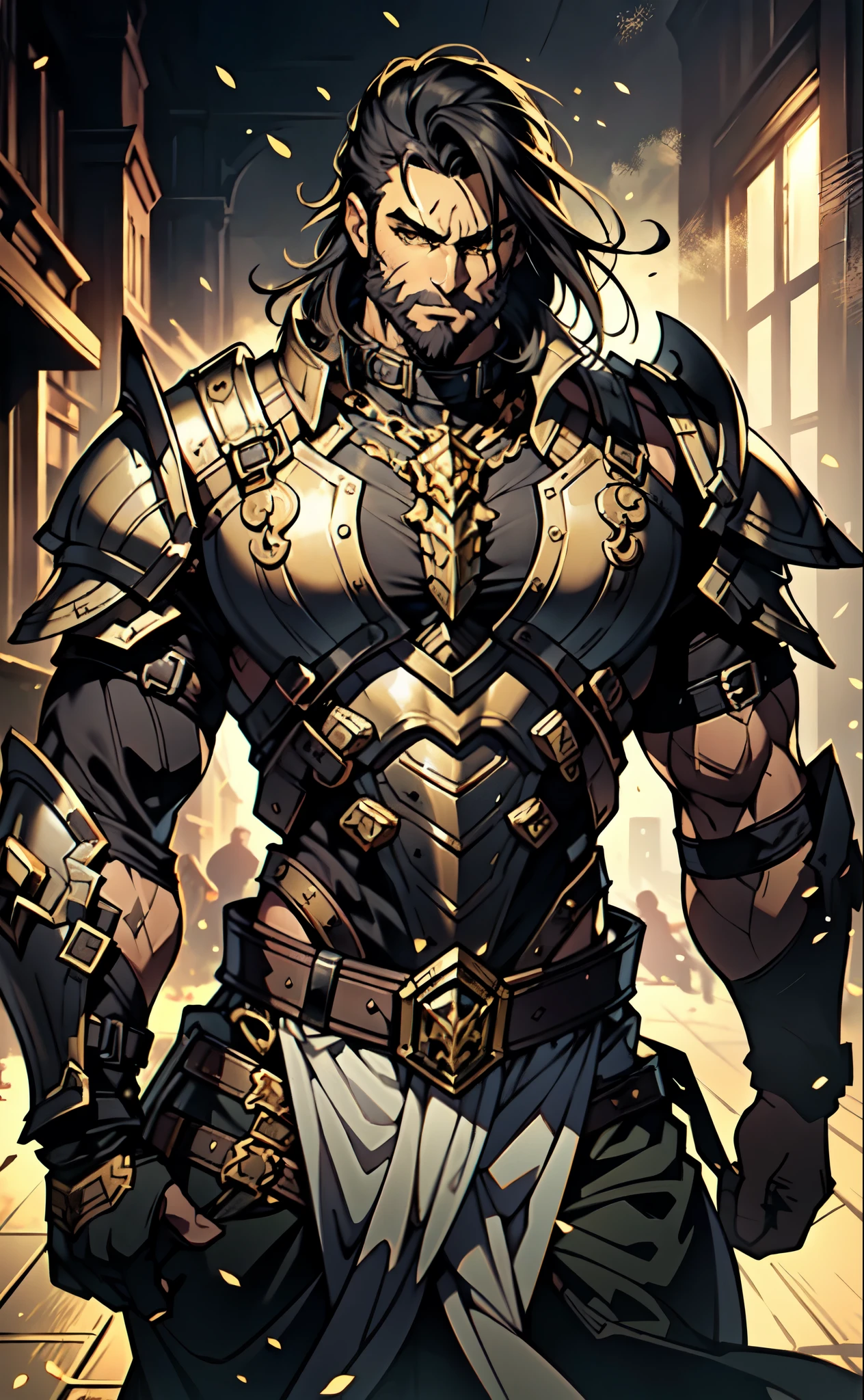 (masterpiece:1.2, best quality:1.2, extremely delicate:1.2), ((male:1.5)), a middle-aged man with long blue-black hair, thick eyebrows, sharp eyes, a wild smile, (a dense beard:1.2), (a huge scar down the middle of his face:1.2), a tall and robust build, ((luxurious golden high-collar chest armor without shoulder guards:1.3)), revealing his muscular abs, a short-sleeved undershirt, a metal belt, short skirt armor, canvas trousers, a cape flutters in the wind behind him, stands majestically on a desolate battlefield, this character embodies a finely crafted fantasy-style overlord in anime style, exquisite and mature manga art style, dramatic, high definition, highres, ultra-detailed, ultra-fine painting, professional, perfect body proportions, golden ratio, anatomically correct, symmetrical face, extremely detailed eyes and face, high quality eyes, creativity, RAW photo, UHD, 32k, Natural light, cinematic lighting, (masterpiece-anatomy-perfect:1.2)